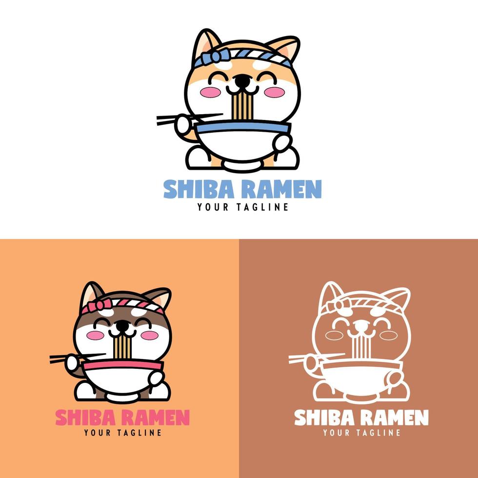schattig shiba inu aan het eten ramen tekenfilm logo reeks vector