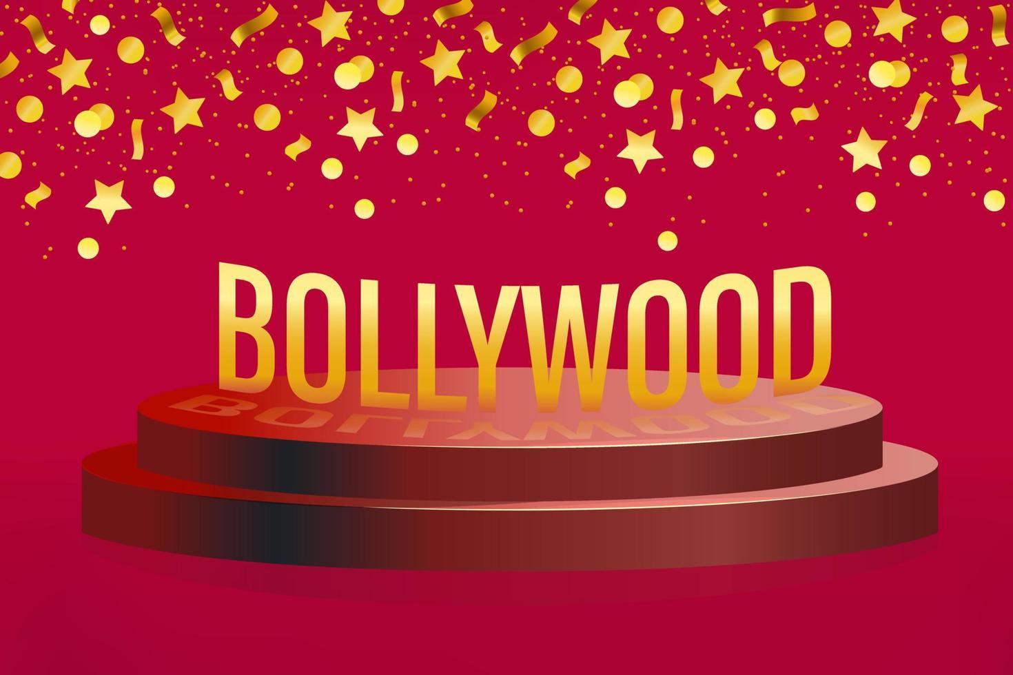bollywood Indisch bioscoop. 3d stijl. podium met cirkels, sterren, linten Aan een rood achtergrond. goud ontwerp. vector illustratie.