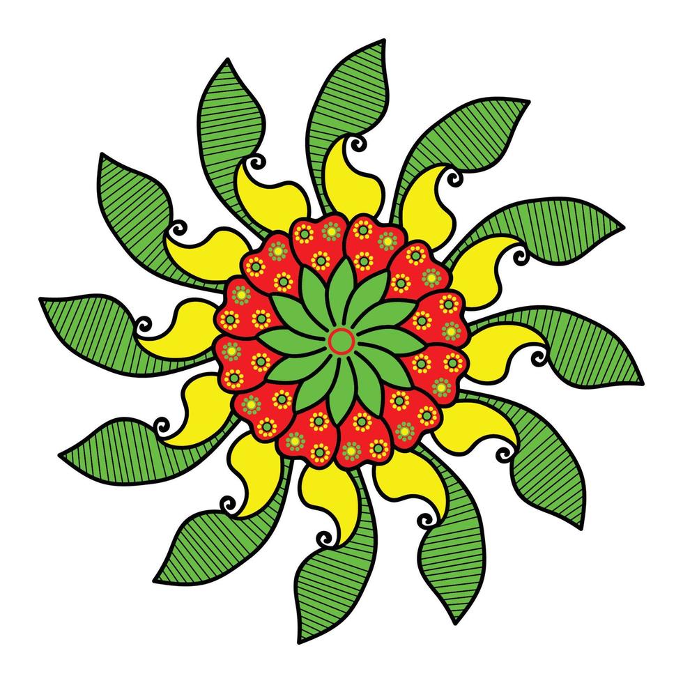 vector hand getrokken doodle mandala met hart. etnische mandala met kleurrijke sieraad. felle kleuren. geïsoleerd. illustratie op doodle stijl.