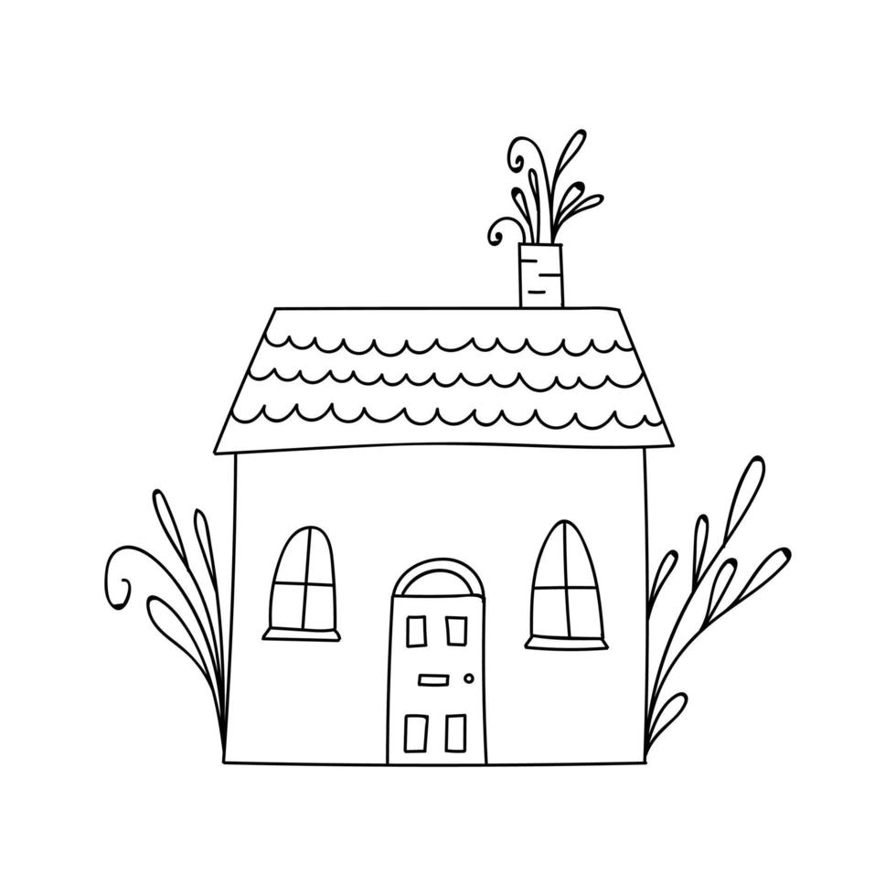klein schattig zwart en wit tekening huis met bloemen elementen. kleur bladzijde. vector