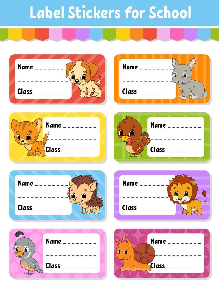 naam en klas. terug naar schoollabels. stickers instellen voor notebook. heldere stickers. rechthoekig etiket. schattige karakters. kleur geïsoleerde vectorillustratie. vector