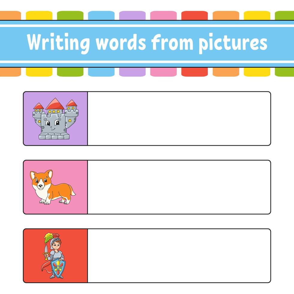schrijven woorden van afbeeldingen. onderwijs ontwikkelen werkblad. werkzaamheid bladzijde voor kinderen. puzzel voor kinderen. tekenfilm karakters. vector illustratie.