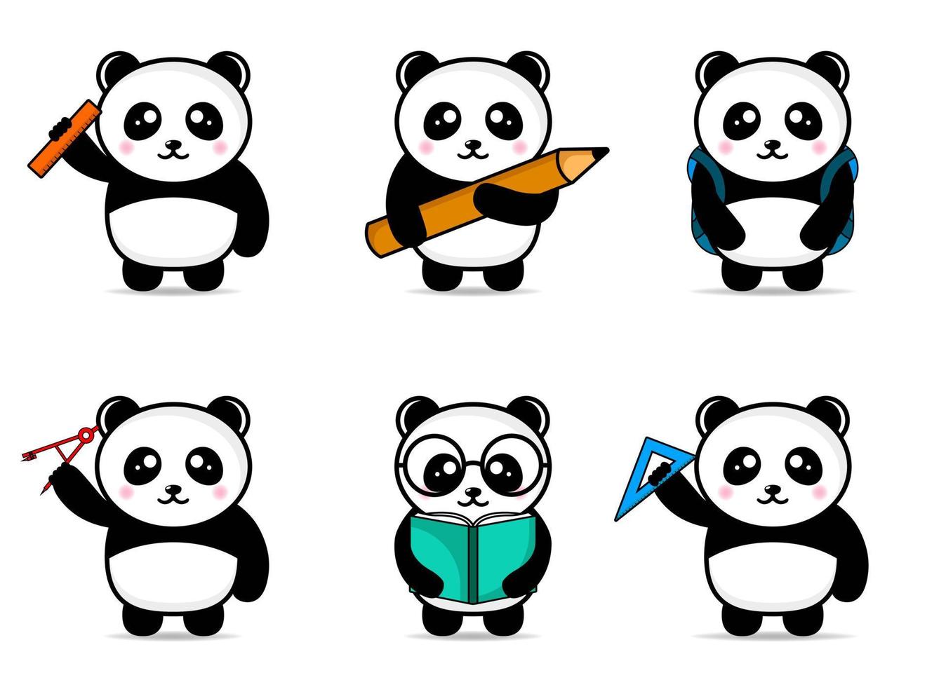 reeks schattig panda terug naar school- ontwerp mascotte kawaii vector