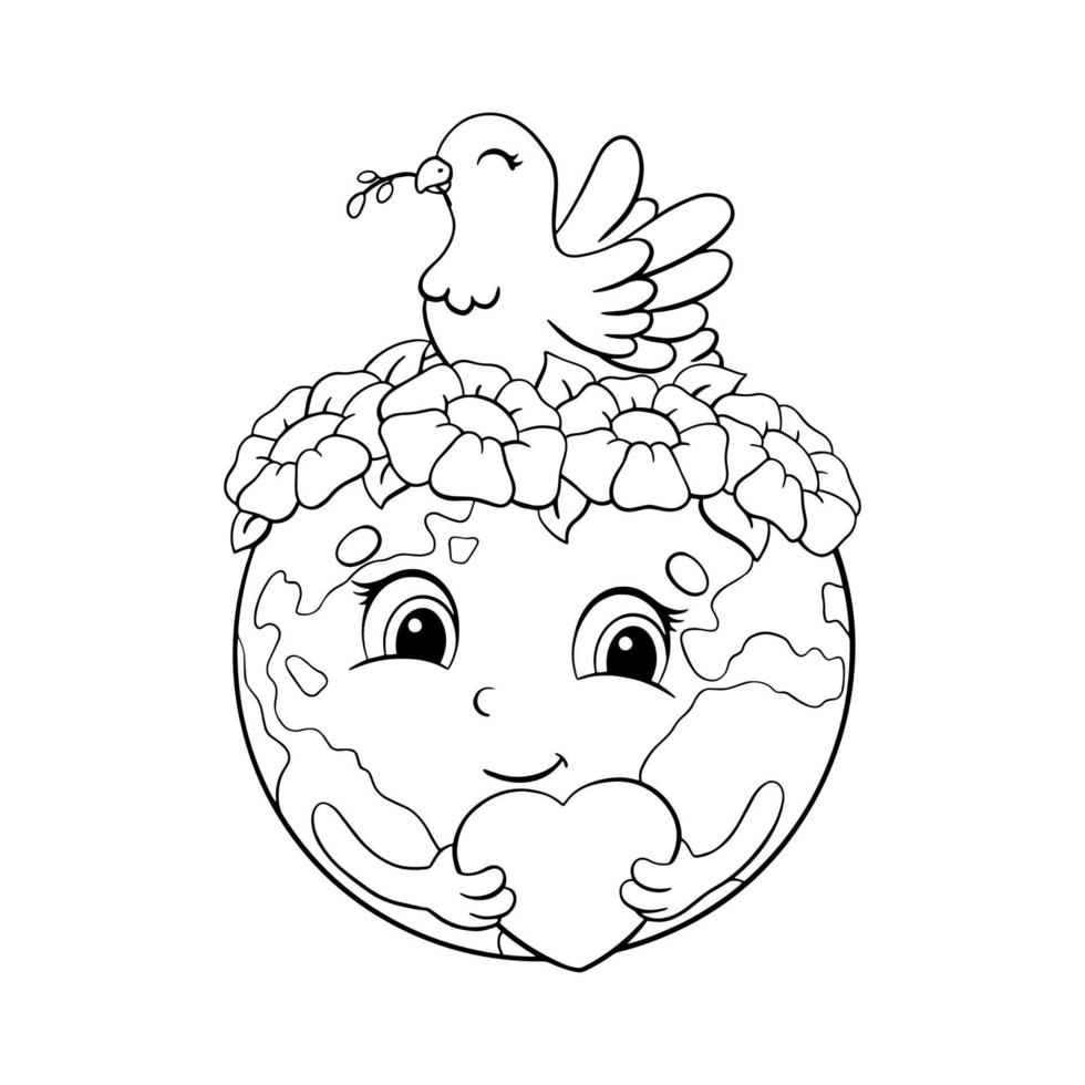 schattige planeet aarde heeft een hart in haar handen. op het hoofd is een krans van bloemen en een duif, een symbool van vrede. kleurboekpagina voor kinderen. vectorillustratie geïsoleerd op een witte achtergrond. vector