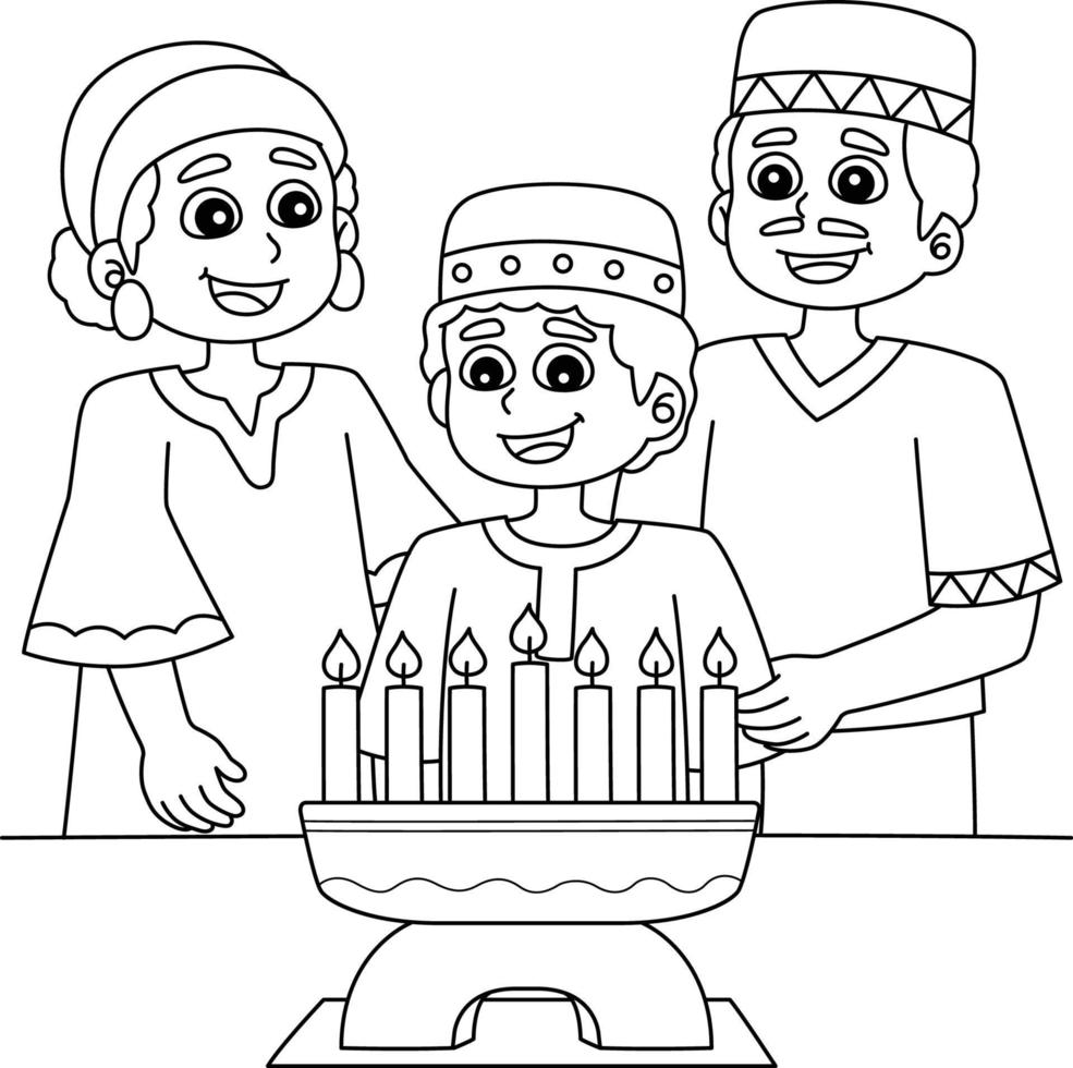 kwanzaa familie en kinara kleur bladzijde voor kinderen vector