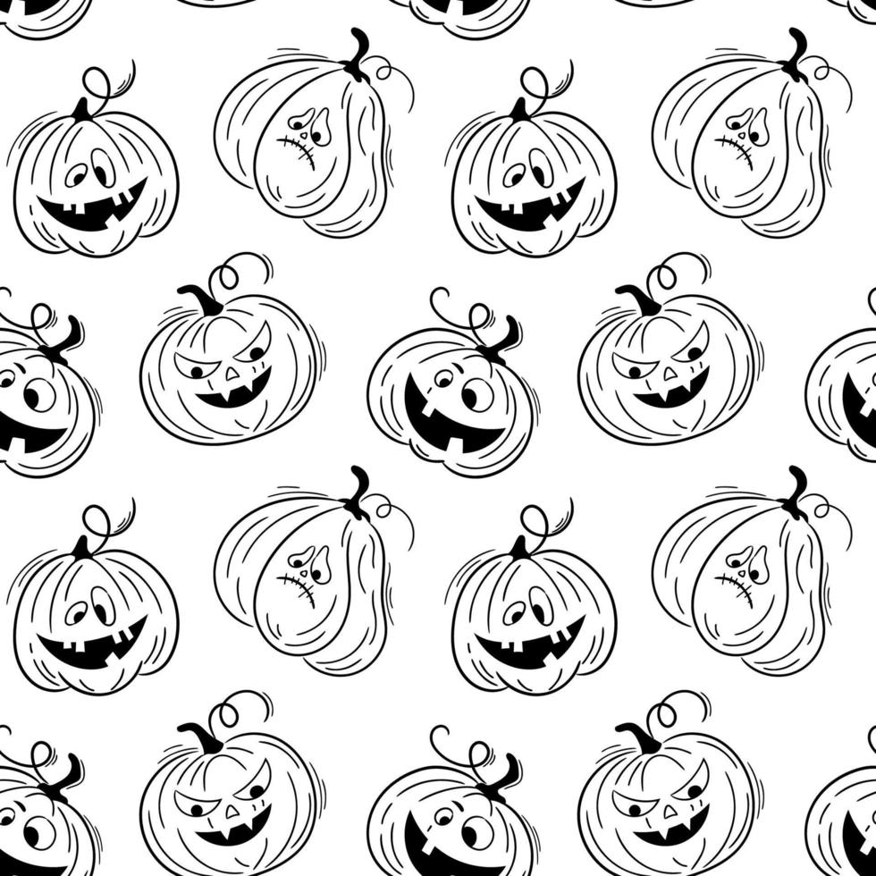 naadloos patroon met emoties halloween pompoenen Aan wit achtergrond. schattig hand- getrokken pompoenen. grappig gezichten voor plakboek digitaal papier, textiel afdrukken, bladzijde vullen. vector illustratie