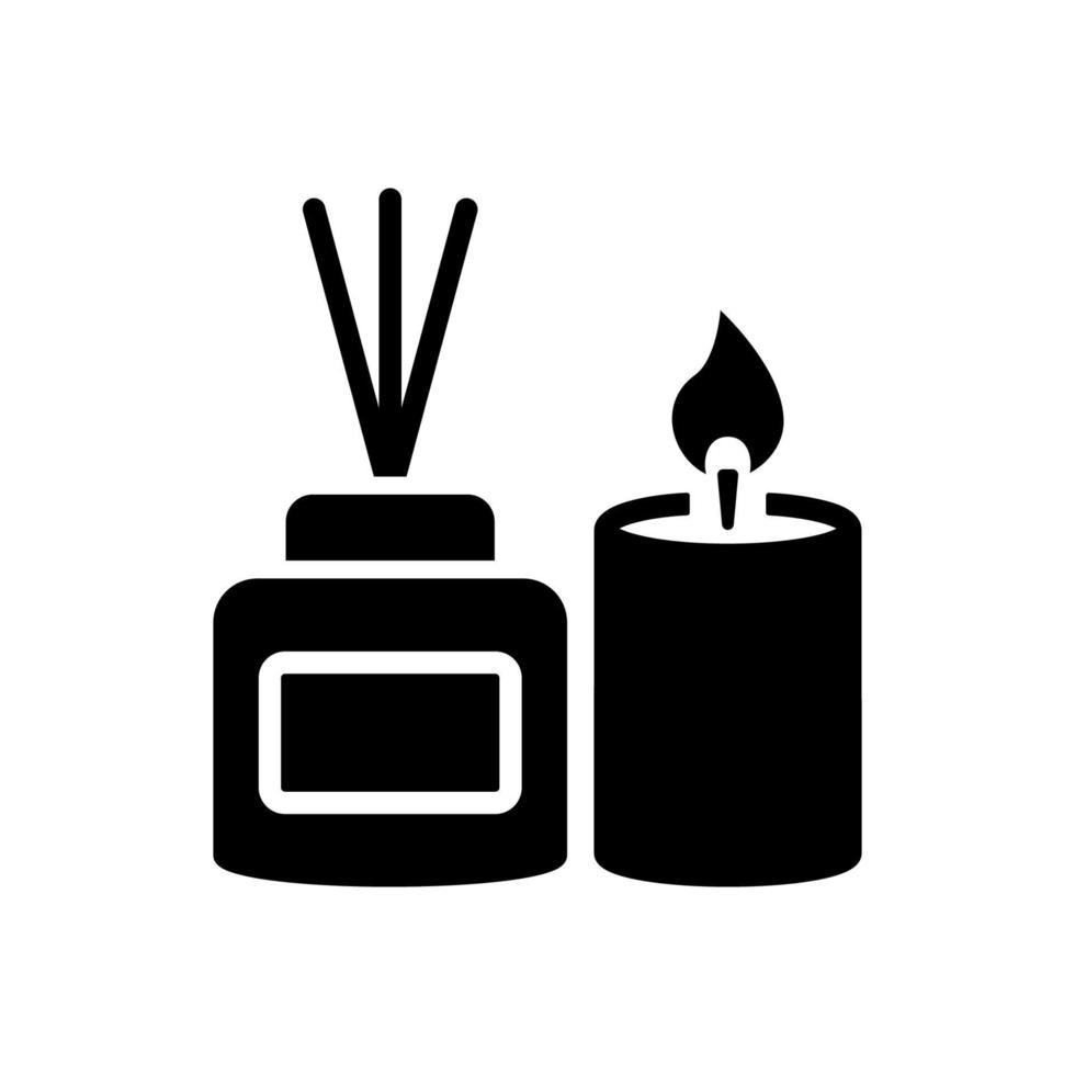 geparfumeerd kaars en riet verdeler olie silhouet icoon. aromatherapie pictogram. aroma behandeling stok en geur kaars in glas zwart icoon. geïsoleerd vector illustratie.