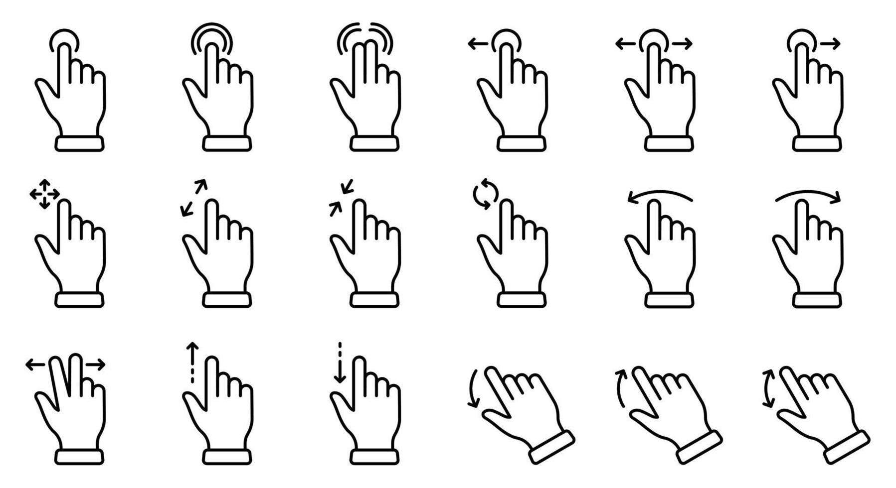 gebaar glijbaan links en Rechtsaf lijn icoon set. hand- vinger aanraken, vegen en slepen lineair pictogram. snuifje scherm, draaien omhoog naar beneden Aan scherm schets icoon. bewerkbare hartinfarct. geïsoleerd vector illustratie.