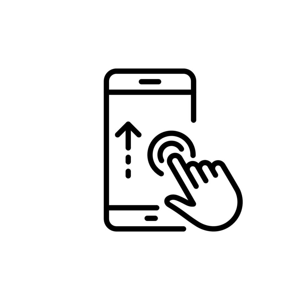 vinger Actie gebaar lijn Aan tintje scherm in mobiele telefoon icoon. hand- vegen Aan smartphone lineair pictogram. actie Aan mobiel telefoon Scherm schets icoon. bewerkbare hartinfarct. geïsoleerd vector illustratie.