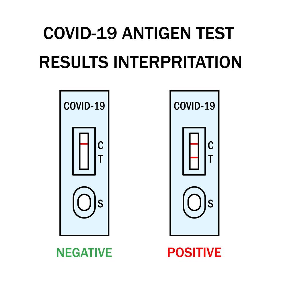 atk covid snel antigeen test uitrusting instructie illustratie. ommicron epidemie persoonlijk pcr uitdrukken test handleiding. positief, negatief, ongeldig resultaat voorbeelden. vector