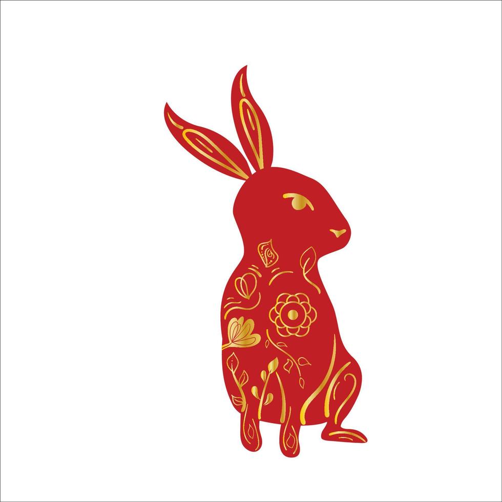 Chinese nieuw jaar rood dierenriem konijn met goud helling bloemen ornament vector