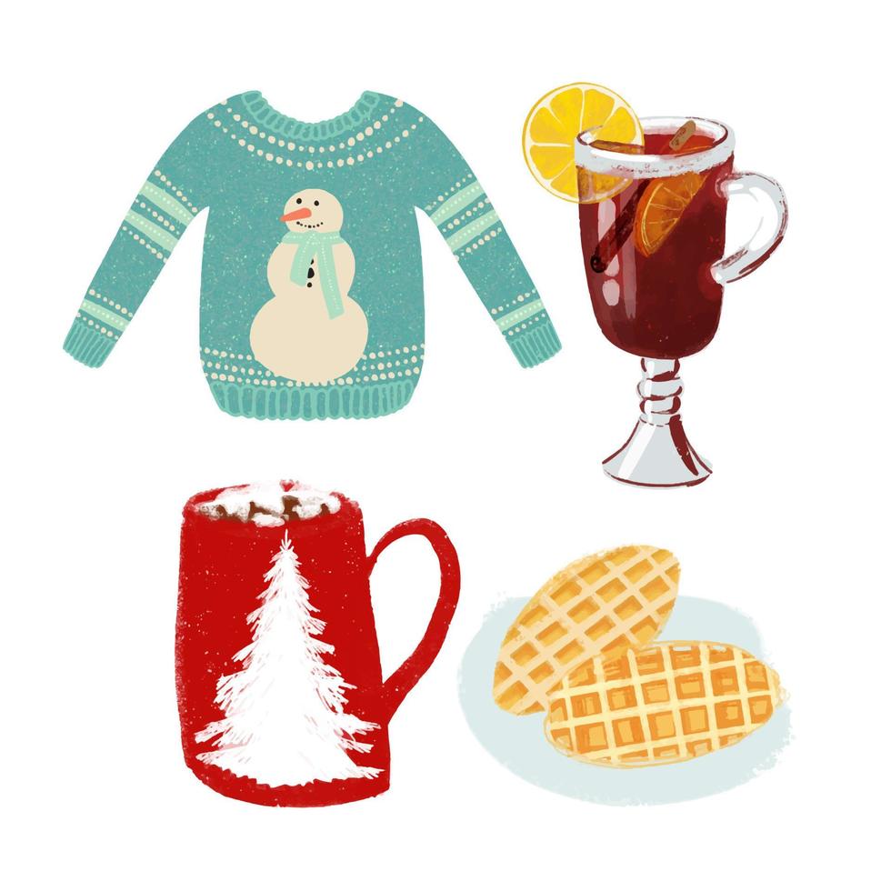 winter illustratie lelijk trui, wafels, cacao, overwogen wijn vector