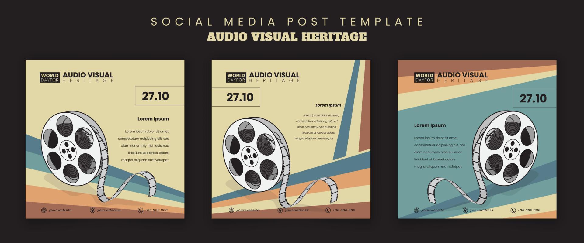 sociaal media post sjabloon ontwerp met film rollen voor wereld dag voor audio zichtbaar erfgoed ontwerp vector