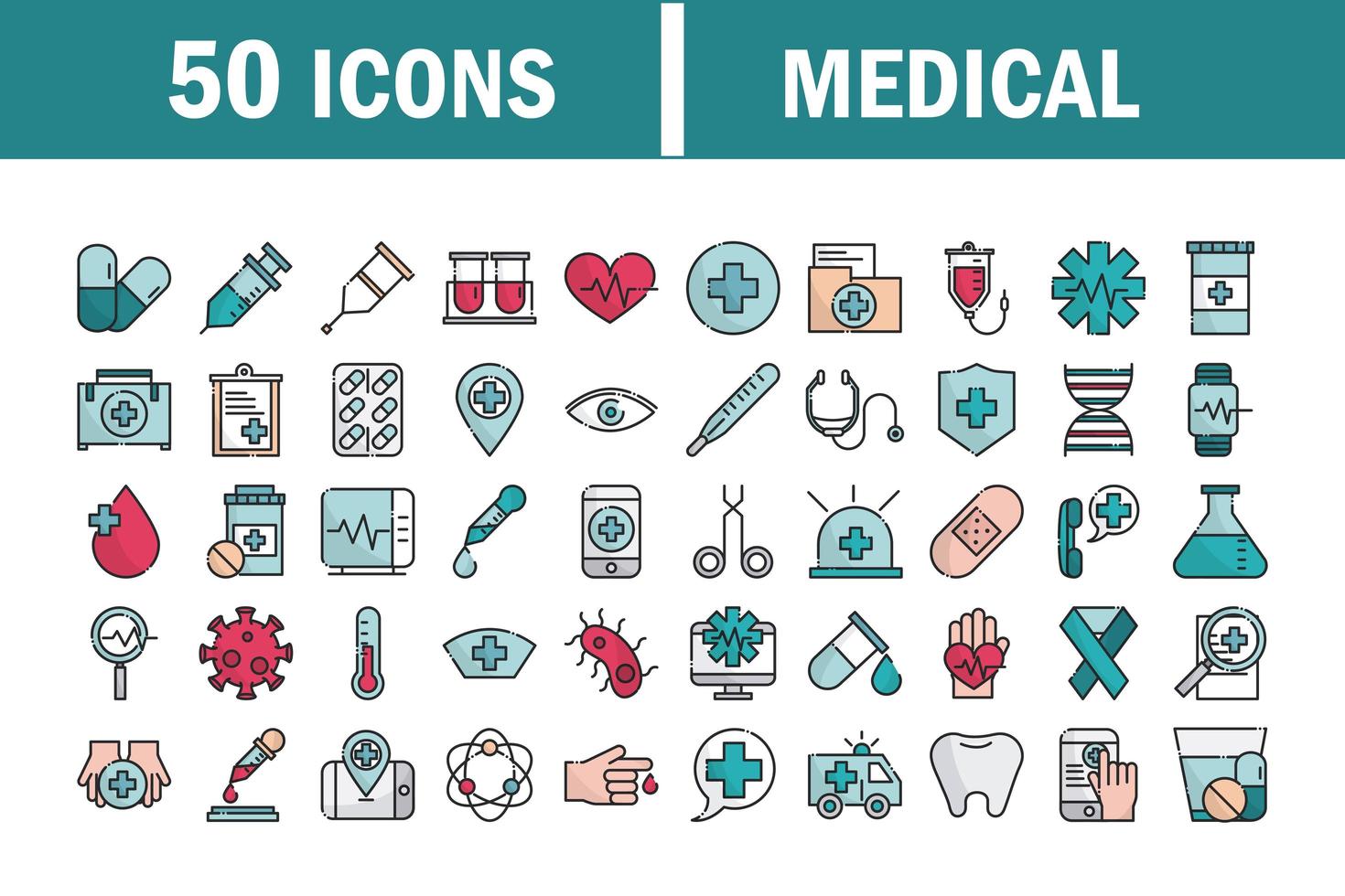 set van medische en gezondheidszorg apparatuur lijn en vulpictogrammen vector