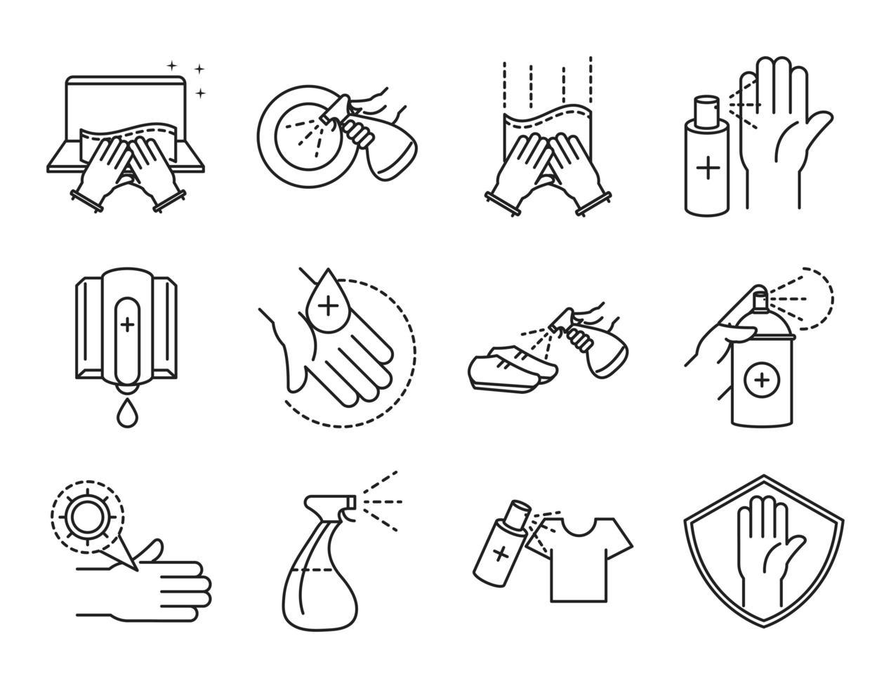 reiniging en desinfectie overzicht pictogram icon pack vector