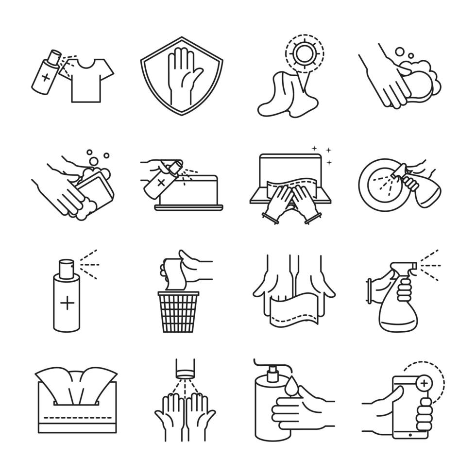 reiniging en desinfectie overzicht pictogram icoon collectie vector