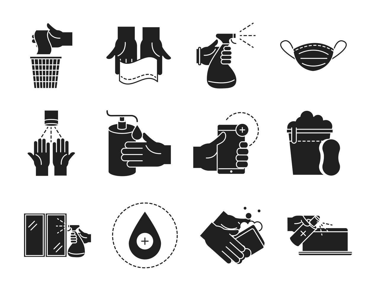 collectie reiniging en desinfectie silhouet pictogram pictogrammen vector