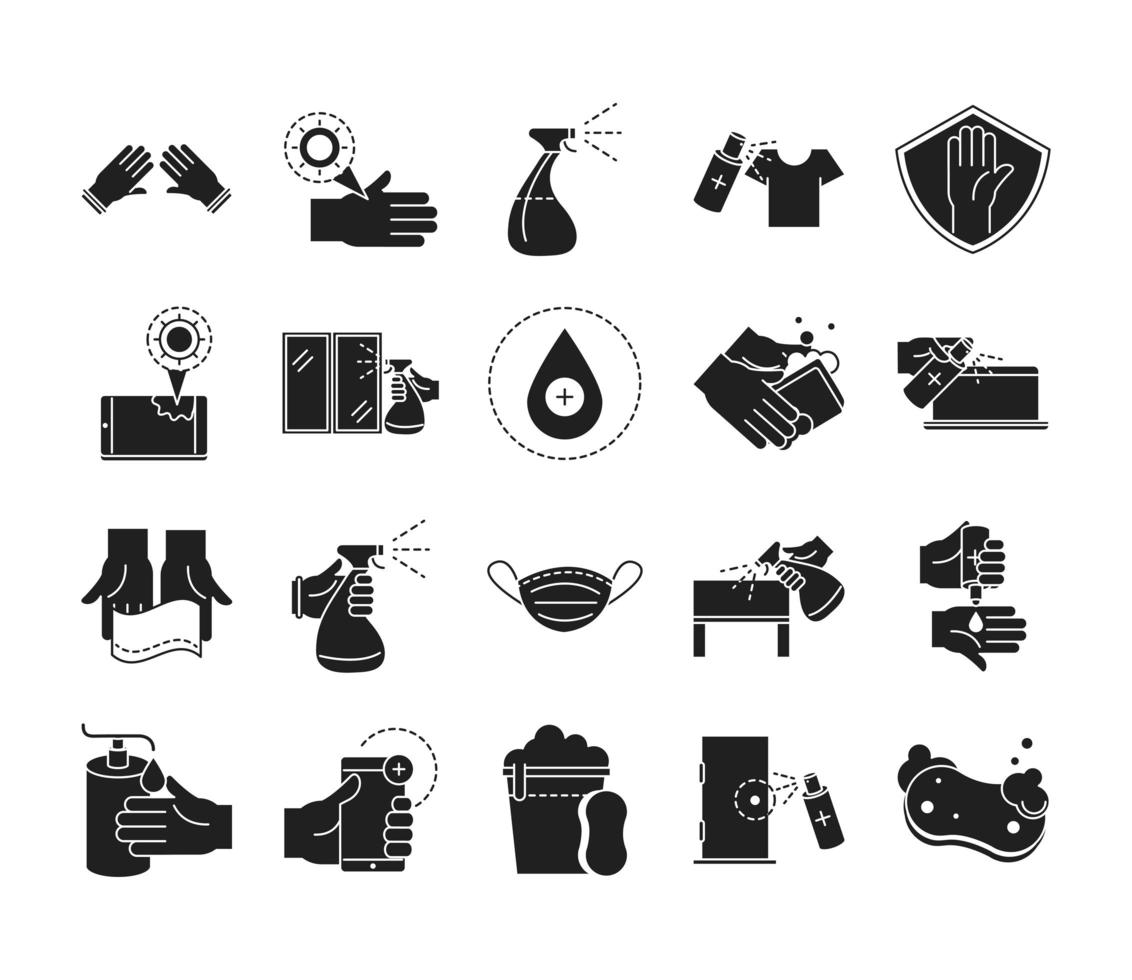 reiniging en desinfectie silhouet pictogram icon pack vector