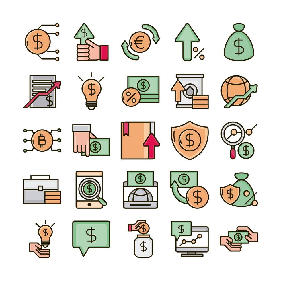 economie en investeringen business line en opvulkleur icon set vector