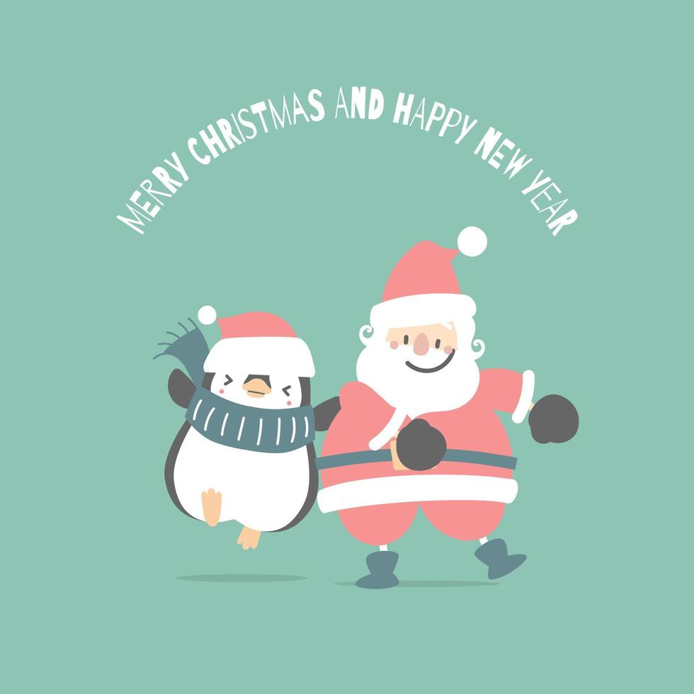 vrolijk Kerstmis en gelukkig nieuw jaar met schattig de kerstman claus en pinguïn in de winter seizoen groen achtergrond, vlak vector illustratie tekenfilm karakter kostuum ontwerp
