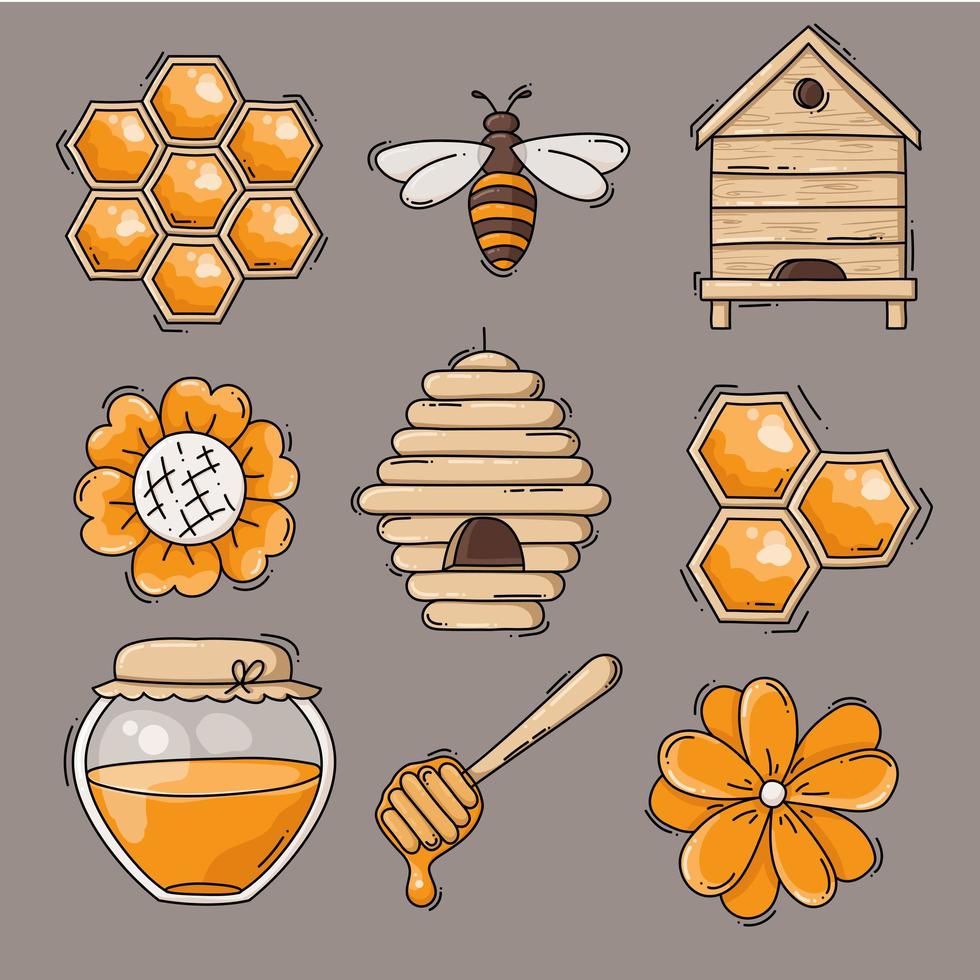 schattige honing en bijen icoon collectie vector