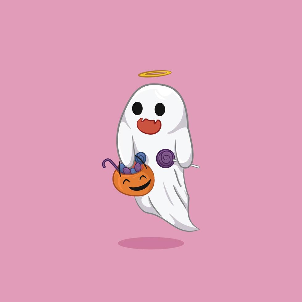 illustratie van schattig geest Aan halloween draag- snoep mand met tekenfilm icoon stijl vector