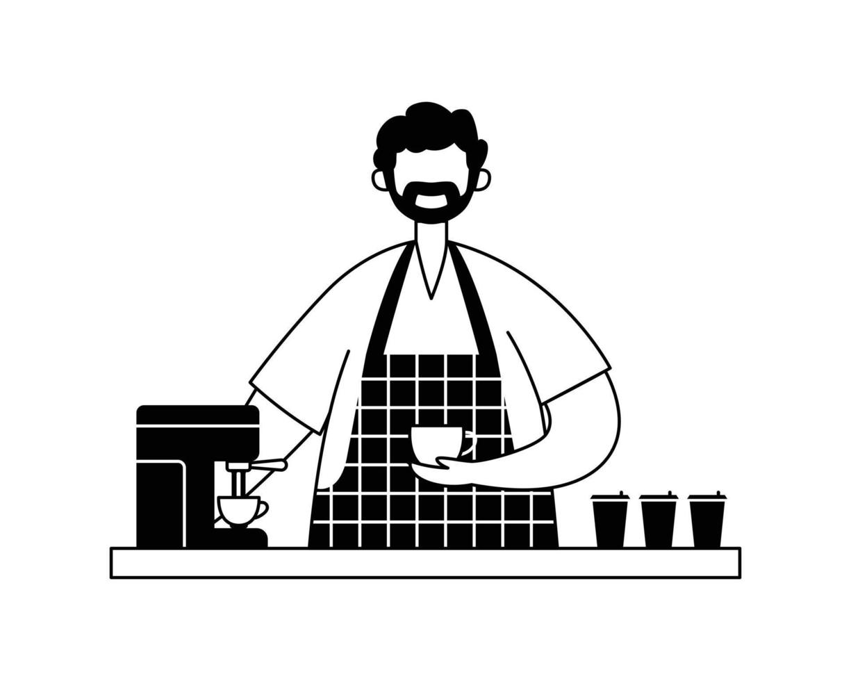 vector illustratie van een mannetje barista met een kop van koffie Bij de bar. schets