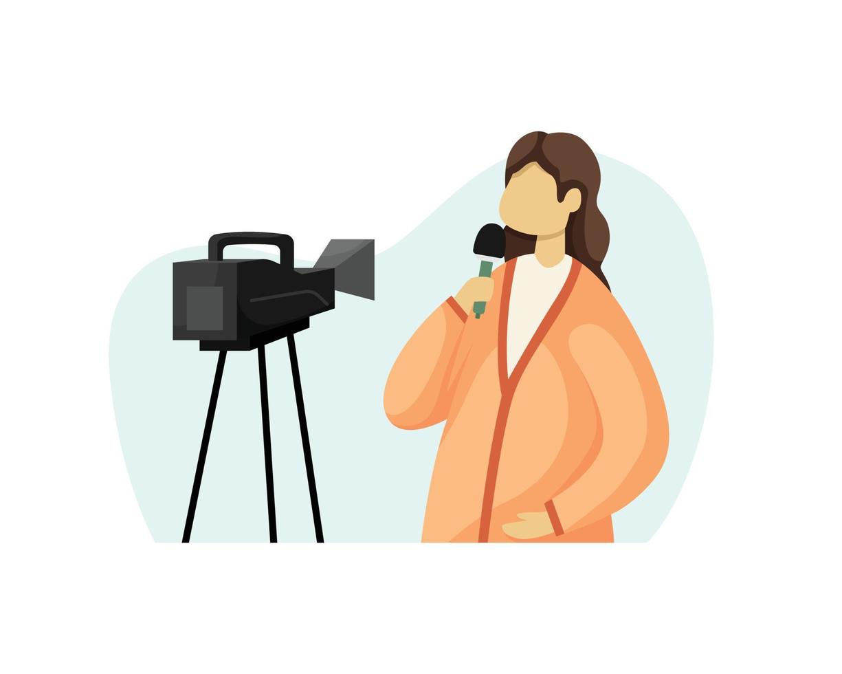 vector illustratie van een vrouw correspondent opname een verslag doen van Aan een video camera. vlak stijl