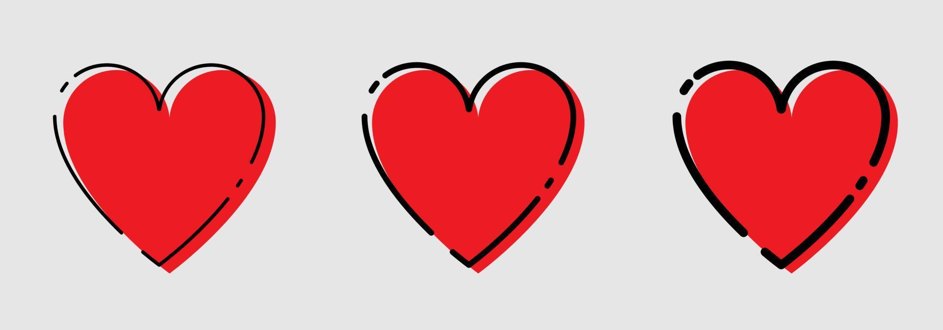 drie hart pictogrammen rood en zwart kleur in modieus vlak stijl. harten pictogrammen. eps10 vector
