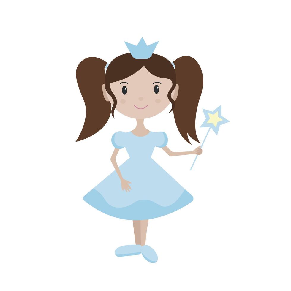 schattig weinig mooi prinses meisje in een blauw jurk met bruin haar. tekenfilm illustratie voor kinderen kleding. gebruik voor afdrukken, oppervlakte ontwerp, mode slijtage vector