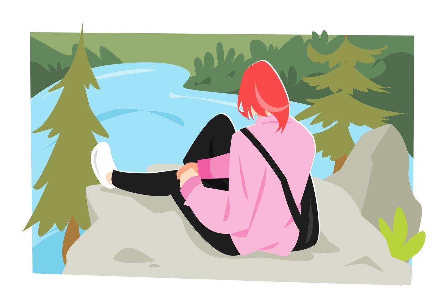 jong meisje zittend Aan de rand van een klif. meer visie, bomen, planten, rotsen. concept van natuur, vakantie, ontspannend, toerisme, schoonheid. vlak vector illustratie
