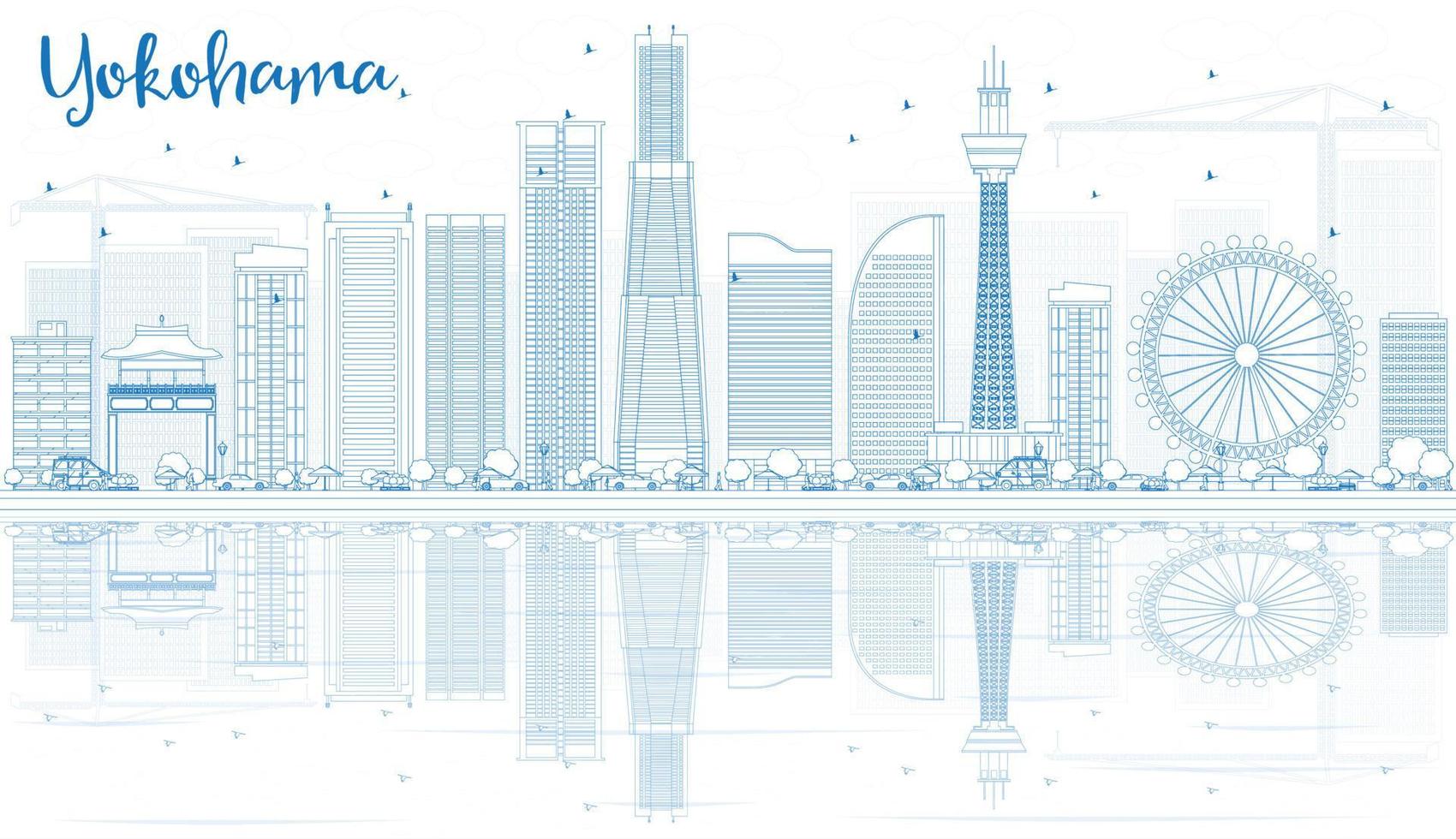 schets yokohama horizon met blauw gebouwen en reflecties. vector