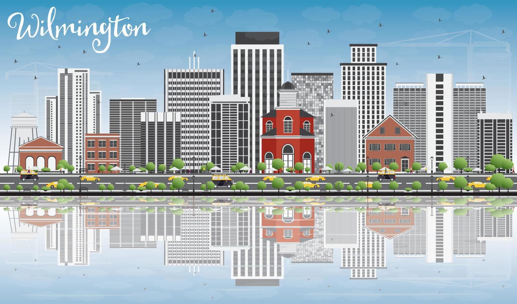 wilmington horizon met grijs gebouwen, blauw lucht en reflecties. vector