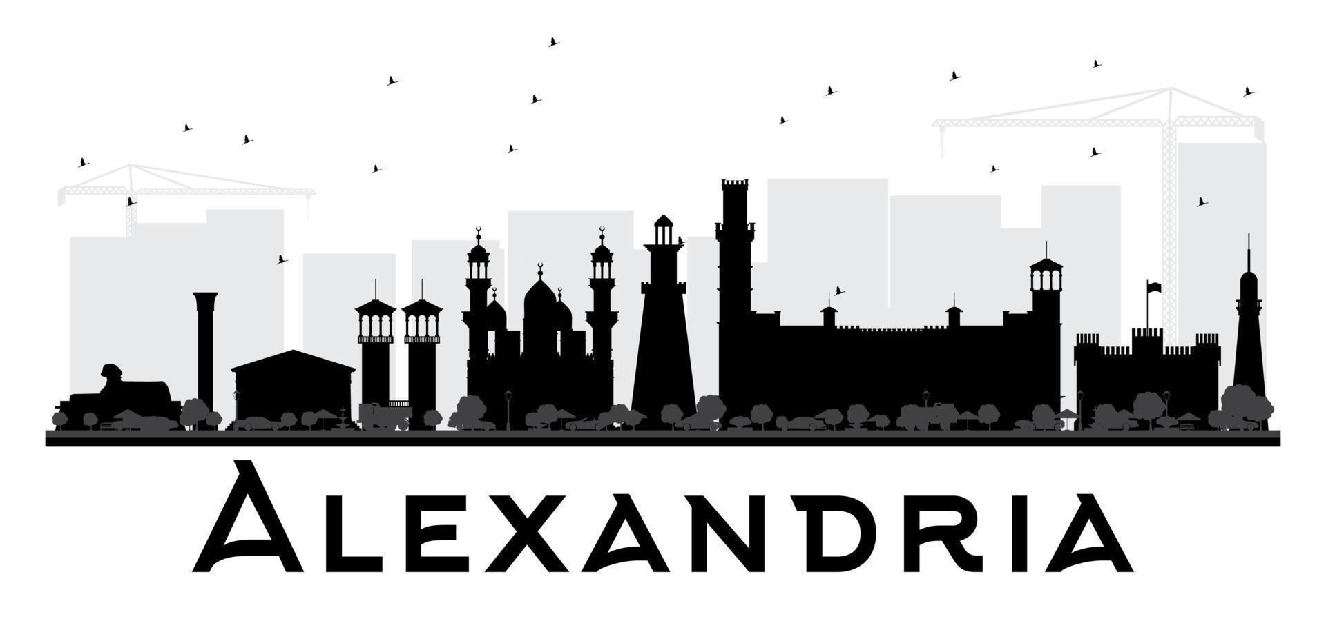 Alexandrië stad horizon zwart en wit silhouet. vector