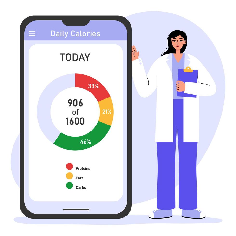 vrouw voedingsdeskundige of diëtist dokter Holding klembord. smartphone met Gezondheid toezicht houden, voeding tabel controle. gezondheidszorg en gewicht verlies concept. vector