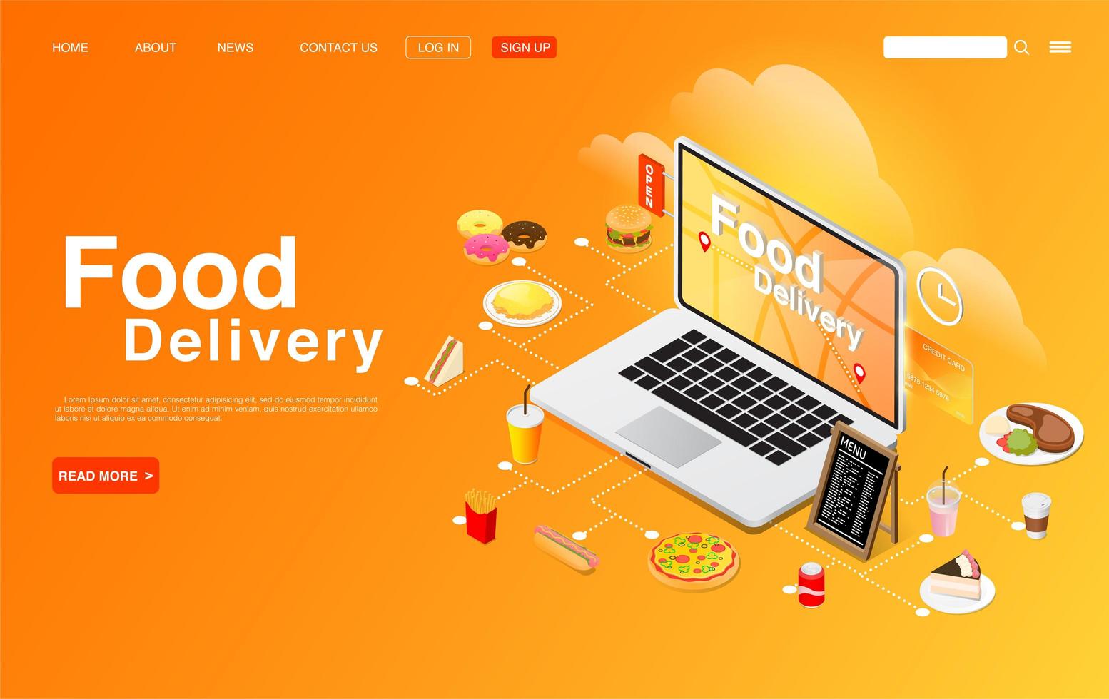koop eten online op de bestemmingspagina van de laptop vector