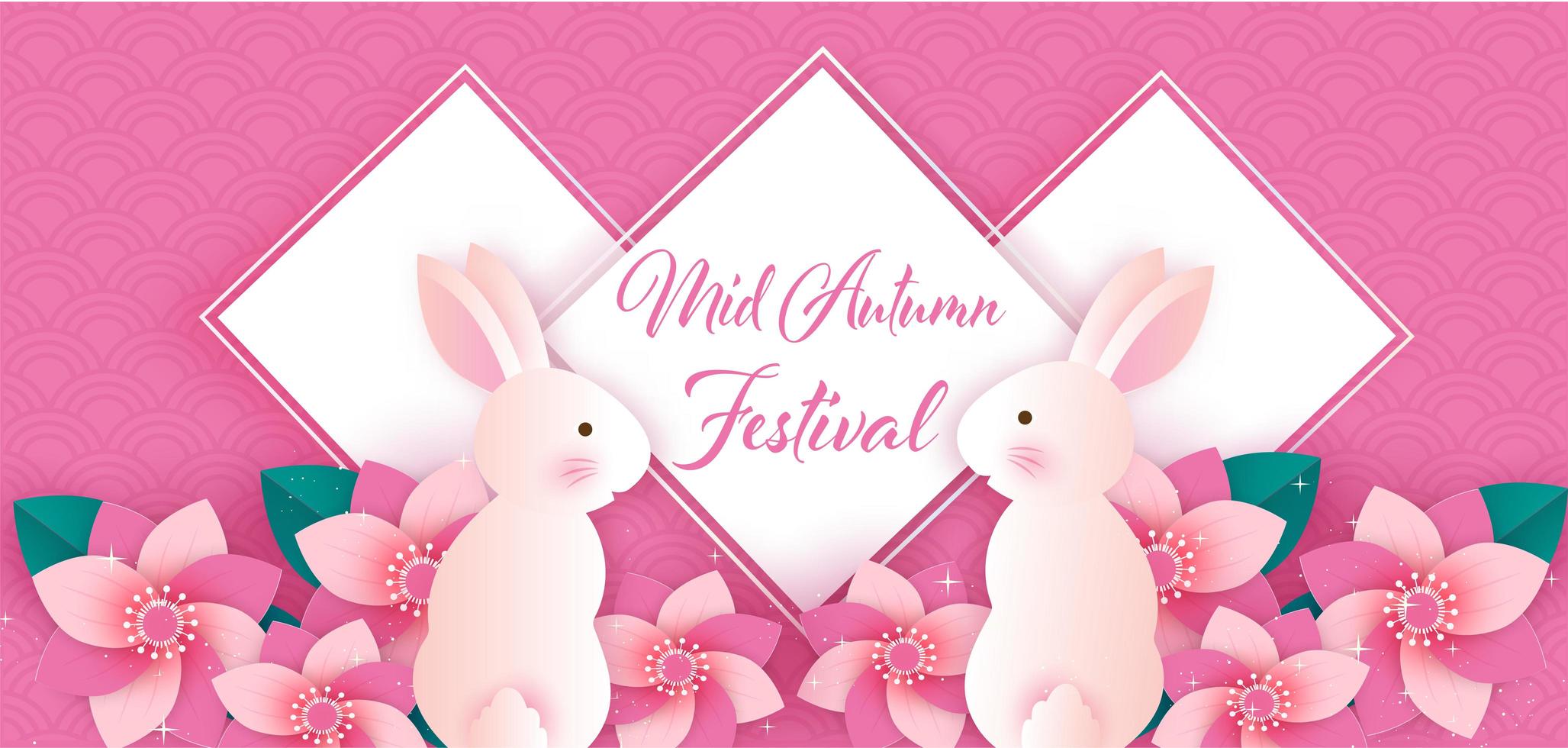 papier kunst medio herfst festival banner met konijnen in bloemen vector