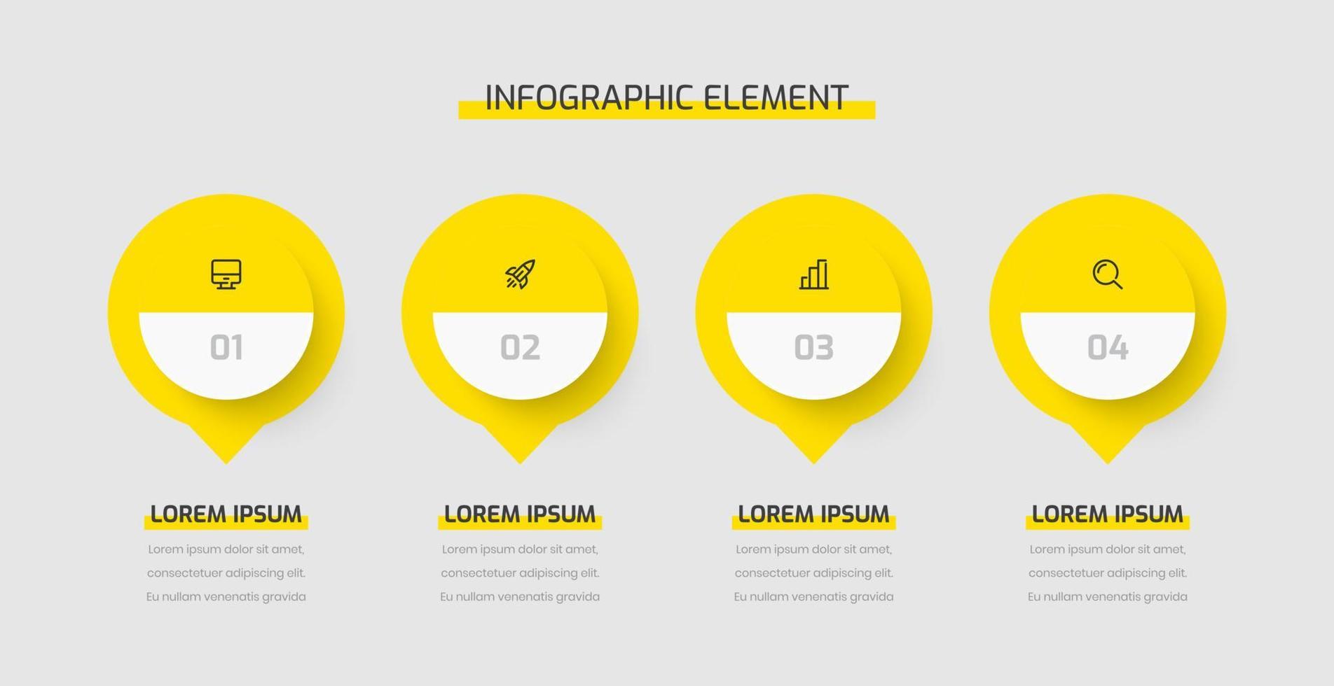 bedrijf infographic presentatie met geel kleur 4 cirkels, nummers, en pictogrammen. kan worden gebruikt voor werkwijze diagram, presentaties, workflow lay-out, banier, stromen tabel vector