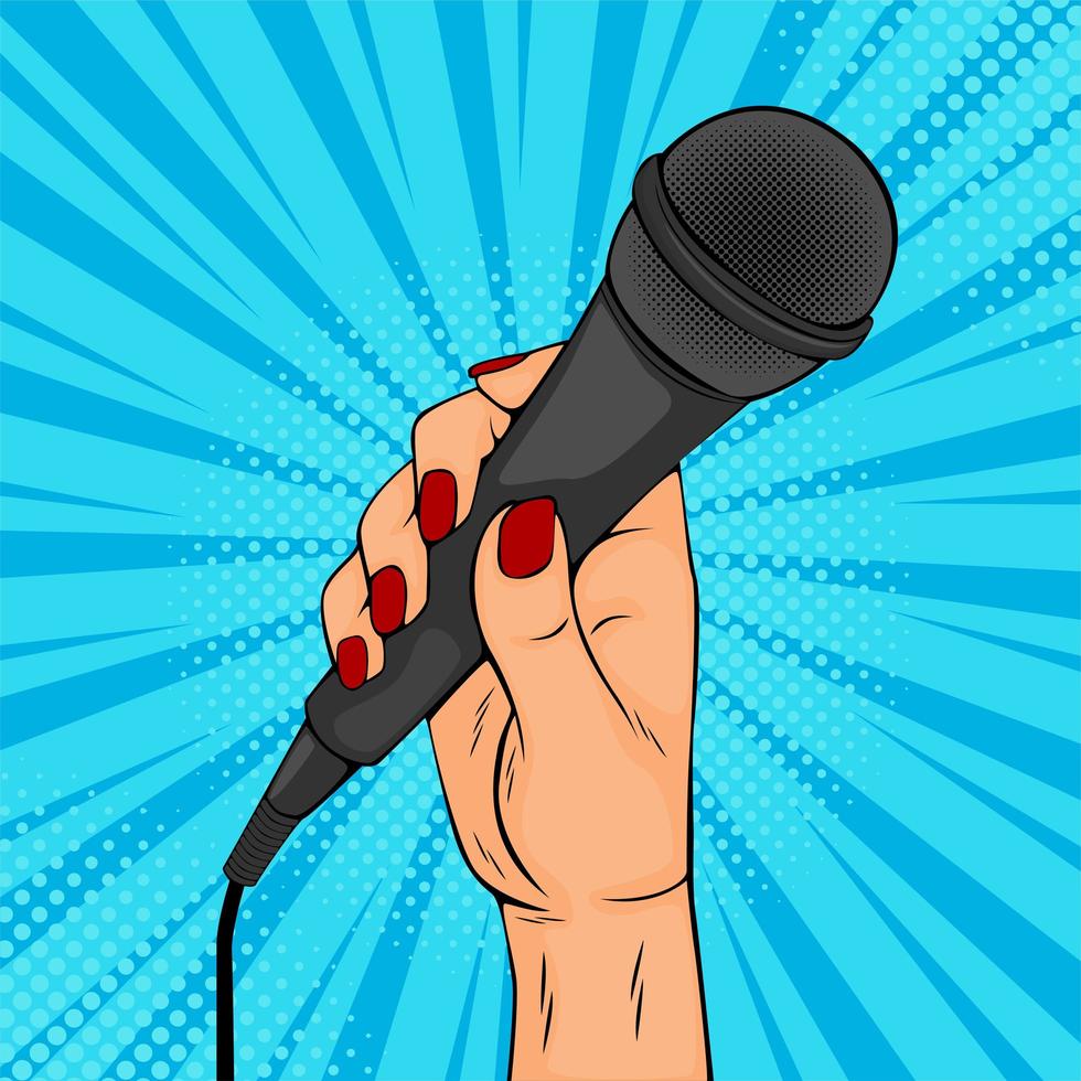 pop-art poster met vrouwelijke hand met microfoon vector