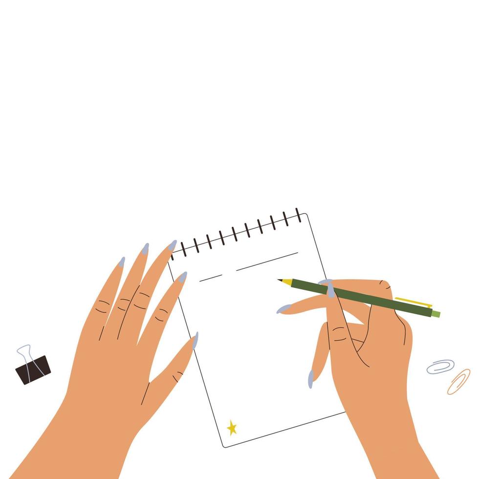 handen schrijven in een notebook. een vrouw duurt notities, maakt een Te doen lijst, schrijft een lezing schets. bedrijf concept vector illustratie geïsoleerd Aan wit achtergrond in vlak stijl