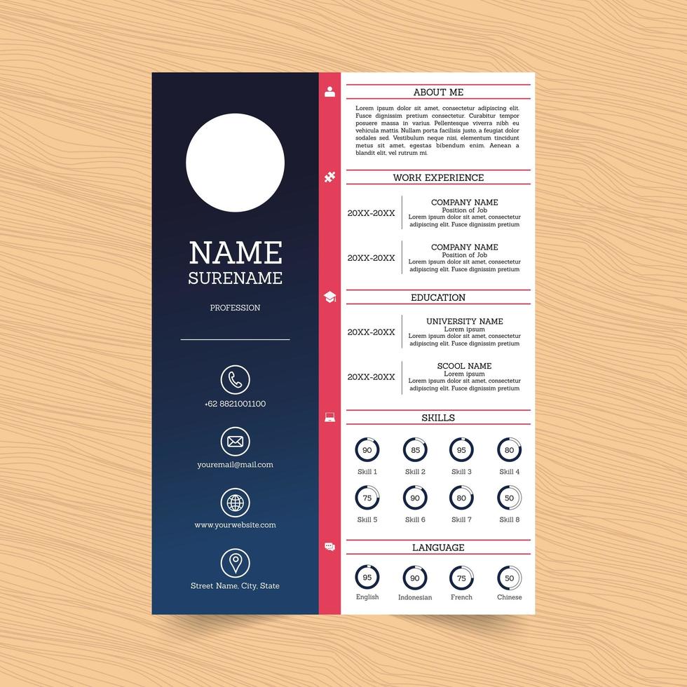 modern blauw en roze curriculum vitae-sjabloonontwerp vector