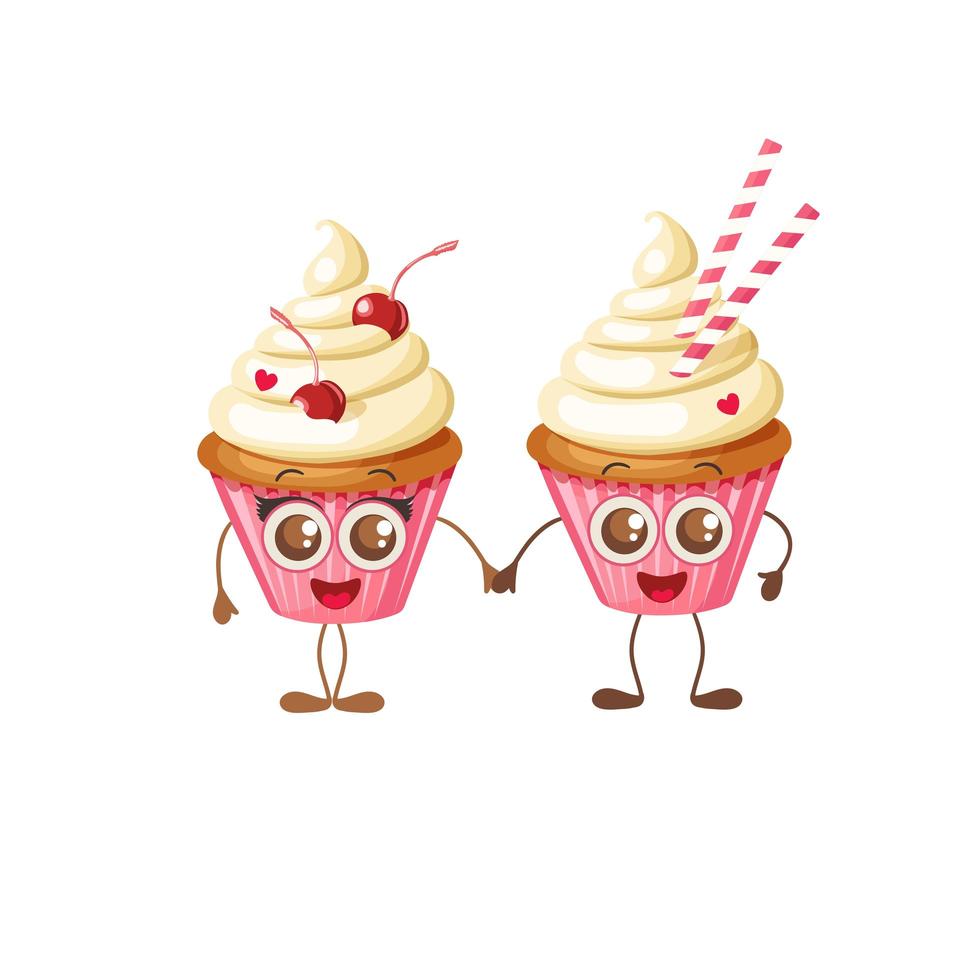 gelukkige Valentijnsdag zoete emoji cupcakes hand in hand vector