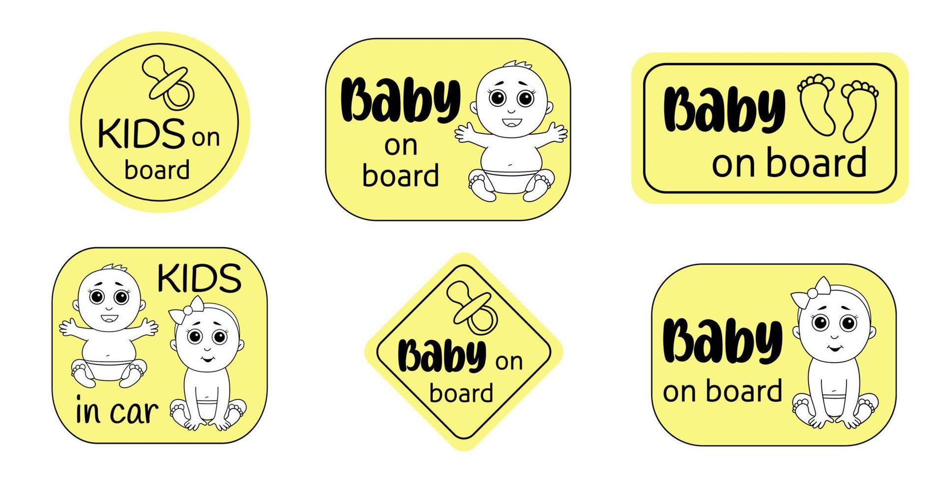 een reeks van waarschuwing tekens stickers een baby in de auto. vector illustratie Aan een geel achtergrond in een schattig tekening stijl