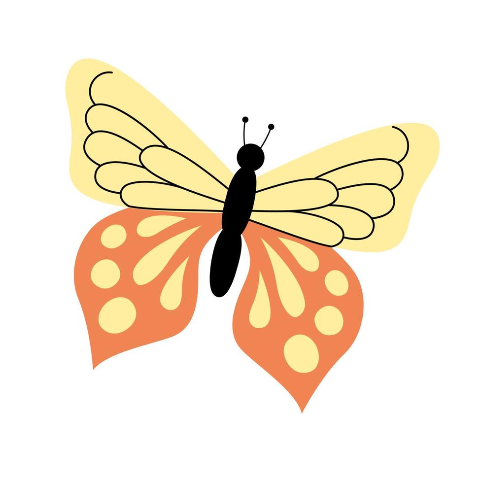 modern mooi vlinder in een hand getekend vlak stijl. vector illustratie geïsoleerd Aan een wit achtergrond. kleurrijk geel oranje insect boterachtig