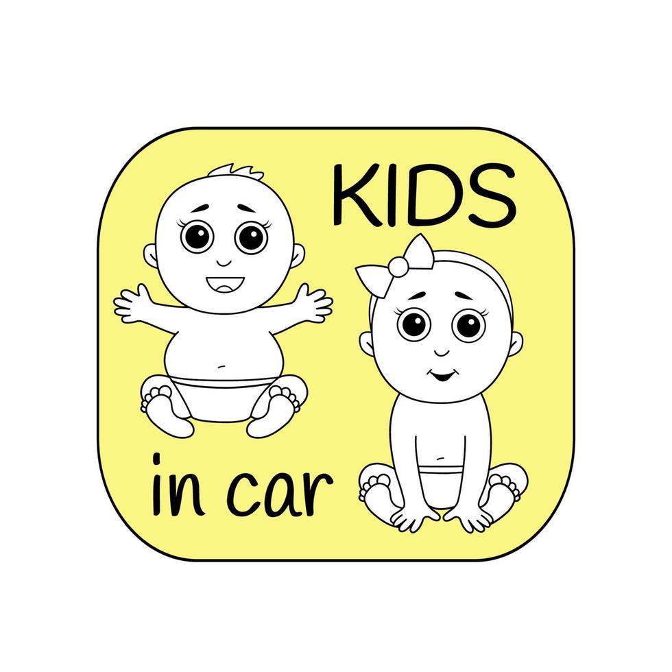 sticker met een baby meisje en jongen met een kinderen in auto bericht. vector teken Aan een geel achtergrond met een tekens in een lijn stijl. waarschuwing teken