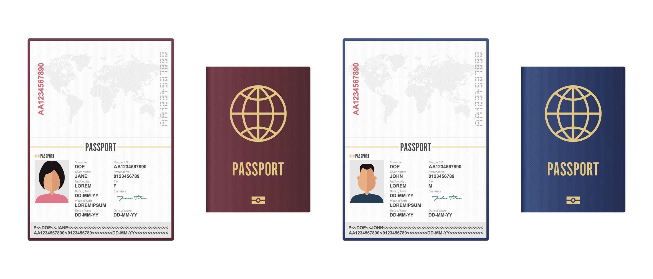 geopende en gesloten mannelijke en vrouwelijke paspoorten vector