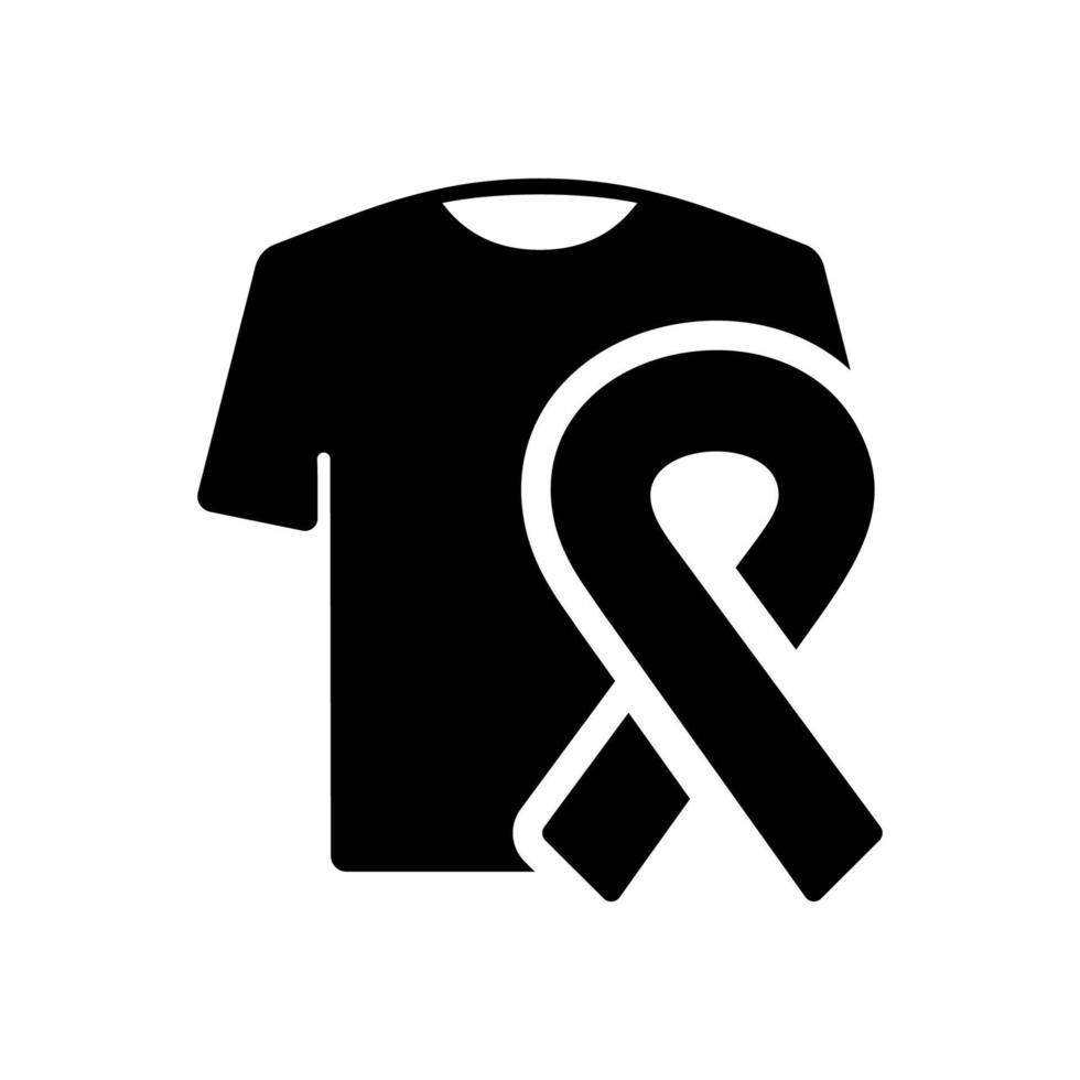 kleding helpen voor patiënten kanker, AIDS, hiv silhouet icoon. t-shirt met lint ondersteuning kanker geduldig zwart pictogram. kleren bijdrage icoon. geïsoleerd vector illustratie.