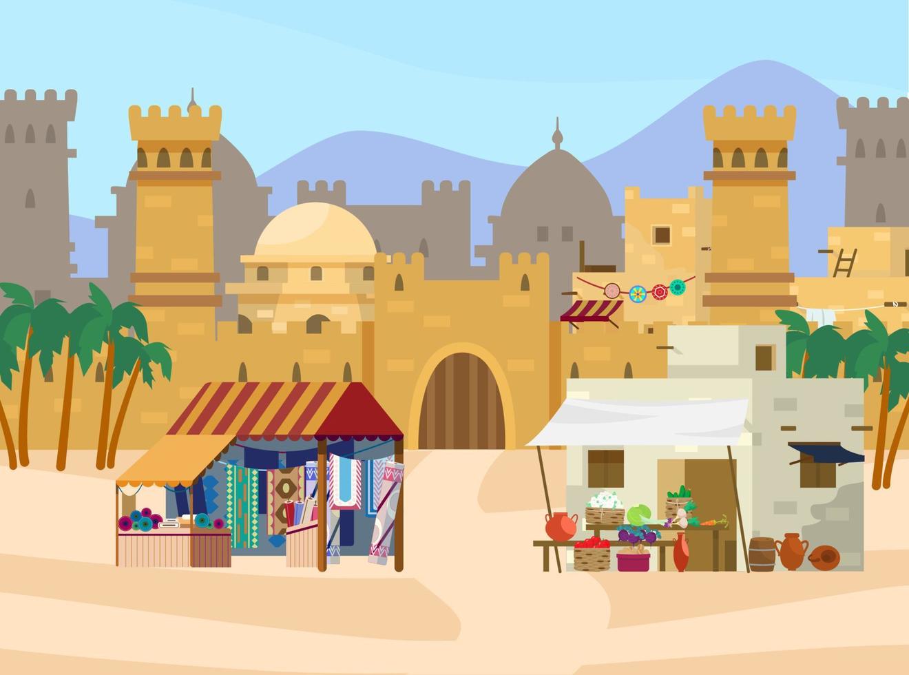 vector illustratie van midden- oostelijk tafereel. kasteel met torens en poorten. Arabisch huizen. kleding stof en tapijten op te slaan, groente markt. woestijn landschap. vlak stijl.