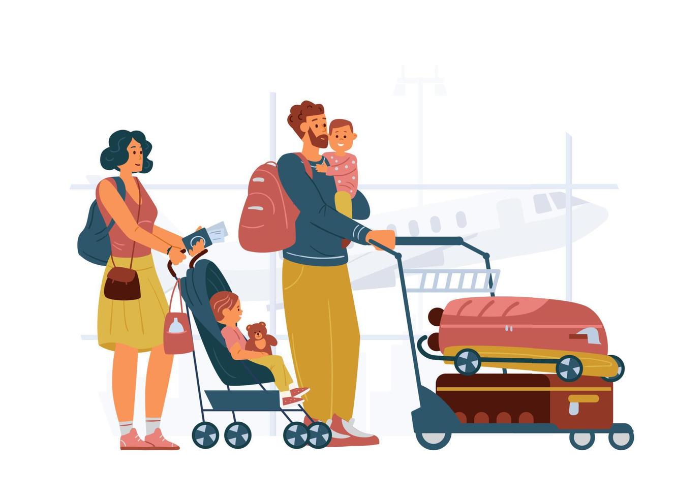 familie met kinderen staand met kar met bagage in luchthaven. moeder met baby wandelwagen, vader Holding kind Aan handen. vlak vector illustratie.