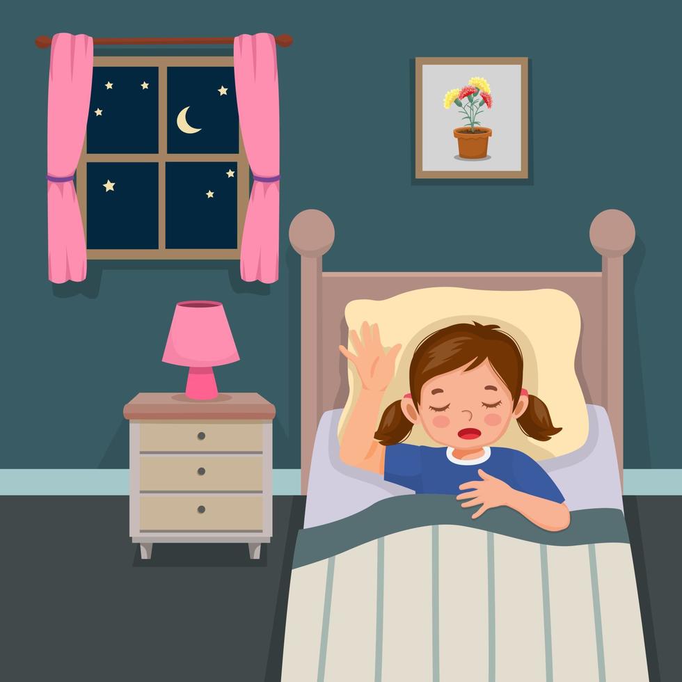 schattig weinig kind meisje slapen Aan bed Bij nacht in de slaapkamer vector